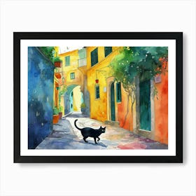 Black Cat In Caserta, Italy, Street Art Watercolour Painting 3 Art Print