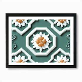 Seamless Relief Sculpture Ation Retro Pattern Polygon Geometry Frame Flower Art Print