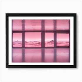 A Modern Room With Large Windows Showcasing A Pink Desert Landscape With A Pink Glow, Creating A Surreal And Futuristic Atmosphere Art Print