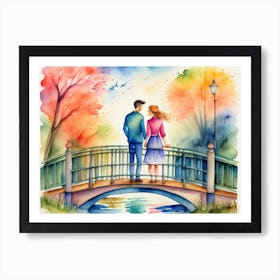 Watercolor Couple On A Bridge 1 Art Print