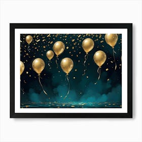 A Celebration Scene With A Group Of Gold Balloons Floating Against A Dark Green Background Art Print