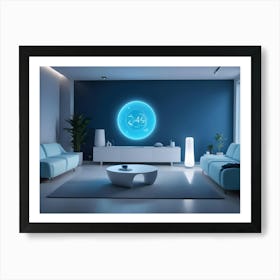 A Modern Living Room With A Blue Wall, Two Blue Sofas, A White Coffee Table, And A Large Glowing Circle On The Wall Art Print