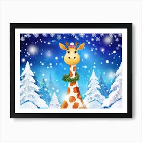 Giraffe Adorned With A Jingle Bell Collar Standing Amidst A Snow Draped Forest Pine Trees Decked W Art Print