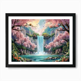 Majestic Waterfall Cherry Blossom Forest Painting #18 Art Print