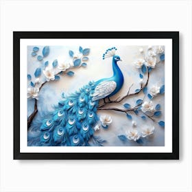 3d Background Blue Peacock On Branch 1 Art Print