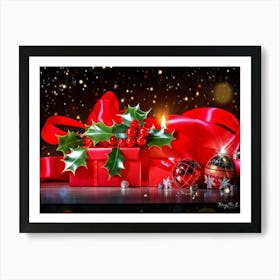 A Festive Christmas Greeting Symbolically Displayed Featuring Holly Fresh And Fiery Red Leaves Br (1) Art Print