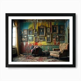 Interior Of A Vintage Horror Inspired Room With Rainbow Hued Aged Grunge Wallpaper Peeling Away To (3) Art Print