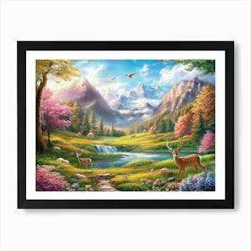 Nature Travel Lovely Countryside View Valley Meadow Beautiful Place Background with Mountains, Deer Animals, Flowers Art Print