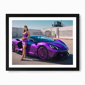 Purple girl with purple car Art Print