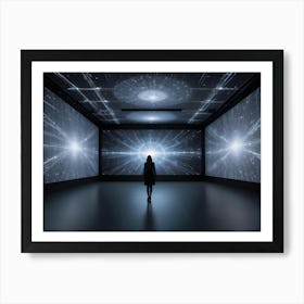 A Woman In A Black Dress Stands Silhouetted In A Dark Room With Three Screens Displaying Abstract Patterns Of Light Art Print