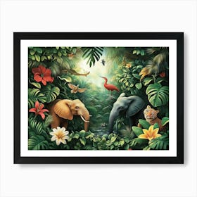 Elephants In The Jungle. 3D Jungle Scene with Exotic Animals art Art Print