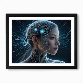 A Woman With Futuristic, Glowing Blue Circuitry Visible Beneath Her Skin Gazes Into The Distance, Hinting At Augmented Reality Or Artificial Intelligence Art Print