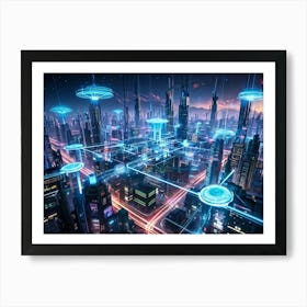 A Digital Painting Of A Globally Networked Cityscape Futuristic Ai Central Node Glowing With Connec (2) Art Print