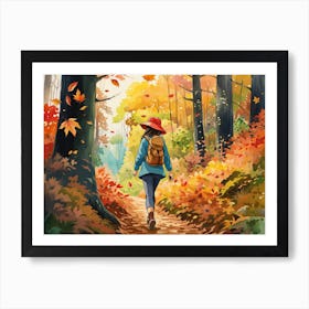Watercolor Fall Hike in Forest Landscape Art Print