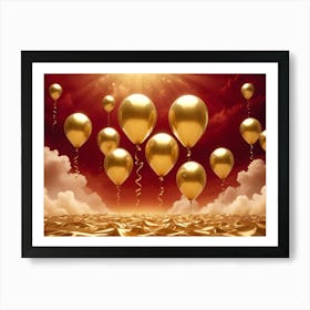 A Scene Of Gold Balloons Floating Against A Red Sky With Golden Clouds, Creating A Festive And Luxurious Feel Art Print