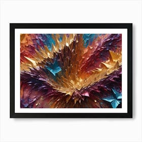 An Abstract Artwork With A Burst Of Textured, Sharp Shards In Gold, Blue, Purple, And Red Hues Art Print