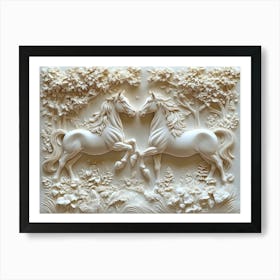 3d Relief Two Horse In Forest Art With Intricate Details And Elegant Design 1 Art Print