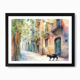 Barcelona, Spain   Black Cat In Street Art Watercolour Painting 4 Art Print