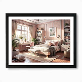 Bedroom Interior With Pink Walls And A Large Window Art Print