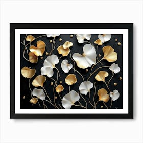 3d Floral Art With Golden Ginko Biloba Leaves And White Flowers On Black Background 1 Art Print