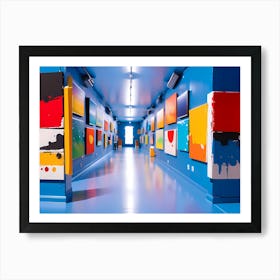 Blue Hallway With Colorful Paintings Poster