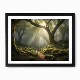 A Misty Morning Stroll in a Lush Forest 1 Art Print