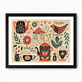 A Set Of Vintage Elements Folk Composition Including Pots Coffee Tea Beans Bird Abstract Flowers And Leaves Organic Abstraction Of Folk Inspired Motifs Rustic Style Of Illustration Art Print