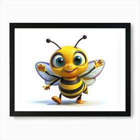 A Cartoon Bee Waving With Both Hands, With A Bright Yellow And Black Striped Body And Blue Eyes Art Print