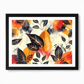 Abstract Autumn Leaves Pattern With Orange Red And Black Leaves On A Cream Background Affiche