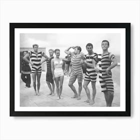 Muscle Men in Vintage Swimwear, Black and White Old Photo, Funny, Vintage Beach Art Art Print