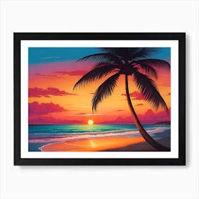 A Tranquil Beach At Sunset Horizontal Illustration 43 Art Print