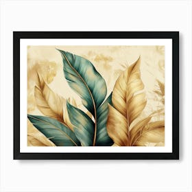 Tropical Green, Brown Gold Leaves and Blue Feathers Art Print