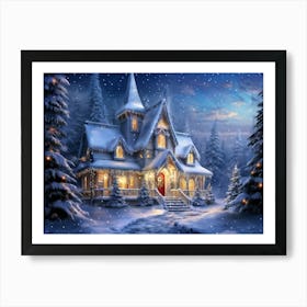 Magical Christmas House Nestled At The Edge Of A Snowy Forest Twinkling Lights Peeking Through The Art Print