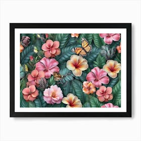 Floral Seamless Pattern With Tropical Flowers Bouquets, Plumeria, Protea, Hibiscus, Glasswinged Butterflies, Fresh Foliage, Exotic Poster