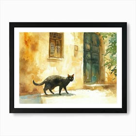 Alexandria, Egypt   Black Cat In Street Art Watercolour Painting 1 Art Print