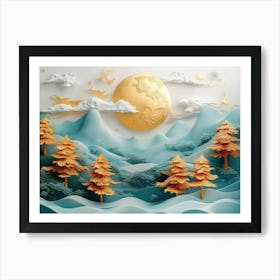 3d Modern Art Landscape Moon, Golden Christmas Trees, Colorful Mountains 2 Art Print