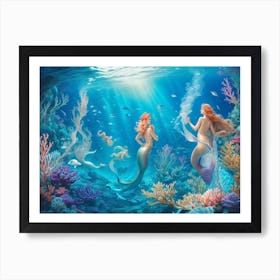 A Mythical Underwater Realm Where Mermaids Gracefully Swim Amidst Coral Reefs Art Print