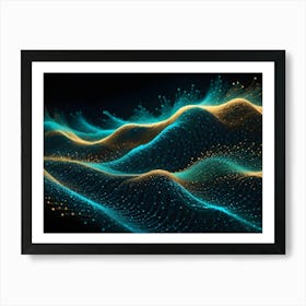 Abstract 3d Rendering Of A Glowing, Blue And Gold Landscape Of Particles And Lines, Resembling A Digital Or Futuristic World Art Print