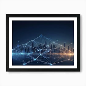 Abstract Image Of A Cityscape Silhouette With A Network Of Glowing Blue And Orange Lines Connecting The Buildings 1 Art Print