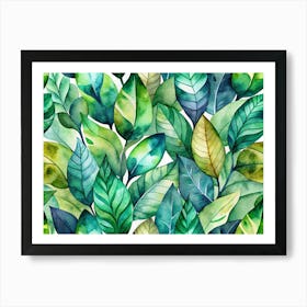 Watercolor Seamless Pattern Of Green Leaves On A White Background Art Print