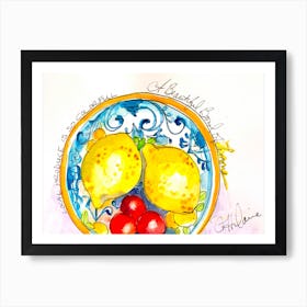 Pen And Ink With Watercolor Fruits In Ceramic Art Print