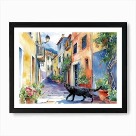 Ajaccio, France   Black Cat In Street Art Watercolour Painting 1 Art Print