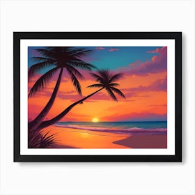 A Tranquil Beach At Sunset Horizontal Illustration 25 Art Print