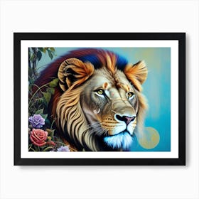 Lion With Roses Art Print