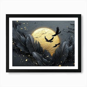 3d Dark Gray, Golden And Black Feathers With The Moon Art Print