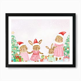 Whimsical Cartoon Bunnies Dressed In Pastel Pink Dresses Wearing Santa Hats Celebrating Christmas 1 Art Print