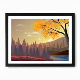 Trees Sunset Lake River Fall Water Clouds Sky Environment Art Scenic Scenario Horizon Panorama Nature Art Print