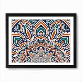 Wa240022 - Intricate Orange and Teal Mandala on Dark Blue - Vibrant Geometric Art Art Print