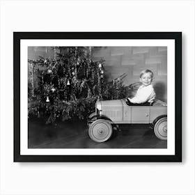 Boy With Toy Car, Christmas, Vintage Black and White Old Photo Art Print