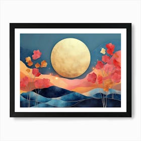 3d With Colorful Background, Colorful Tree Leaves, Mountain and Golden Moon Art Print